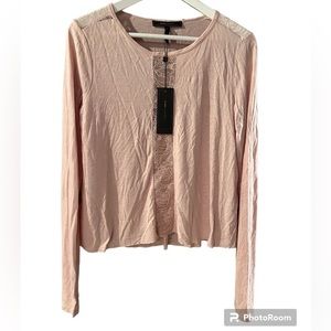 NWT BCBG Lace Insert Top Shirt Blouse Bare Nude Sz Med Long Sleeve Retail $130